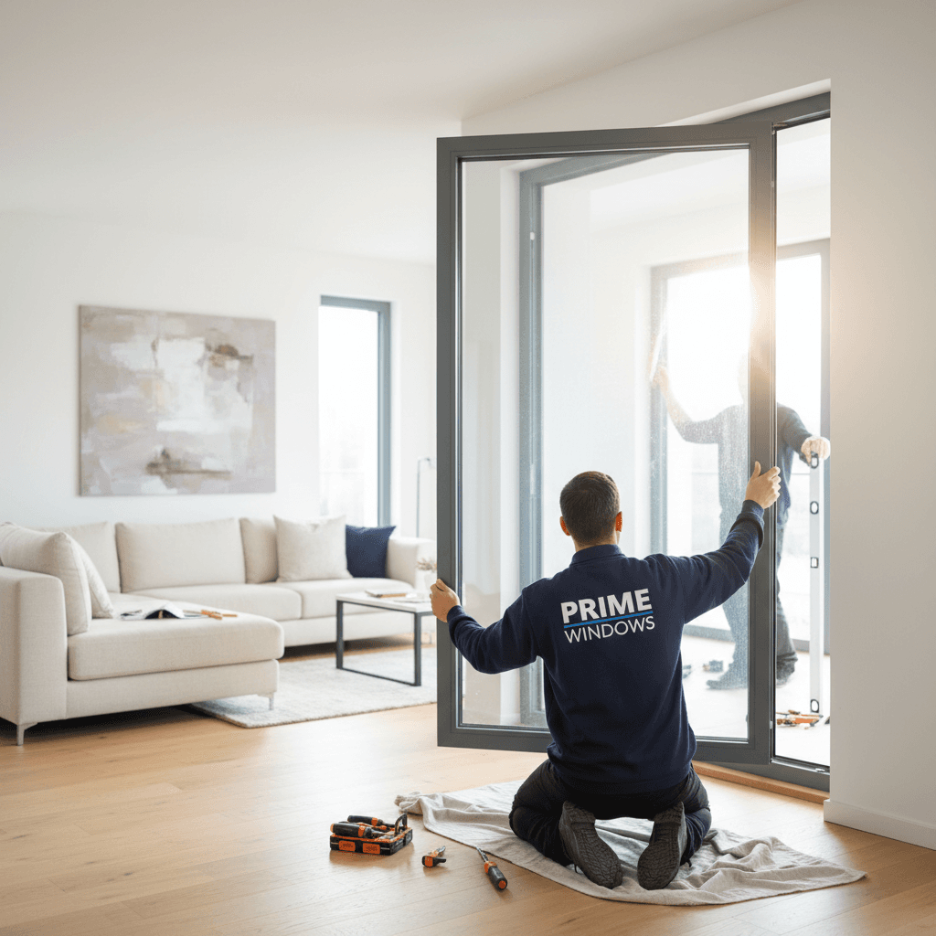 Technician installing a large energy-efficient window in a modern living room