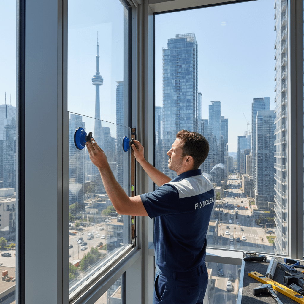 Toronto skyline at sunset from Lake Ontario, CN Tower prominent, waterfront calm, golden light across downtown towers