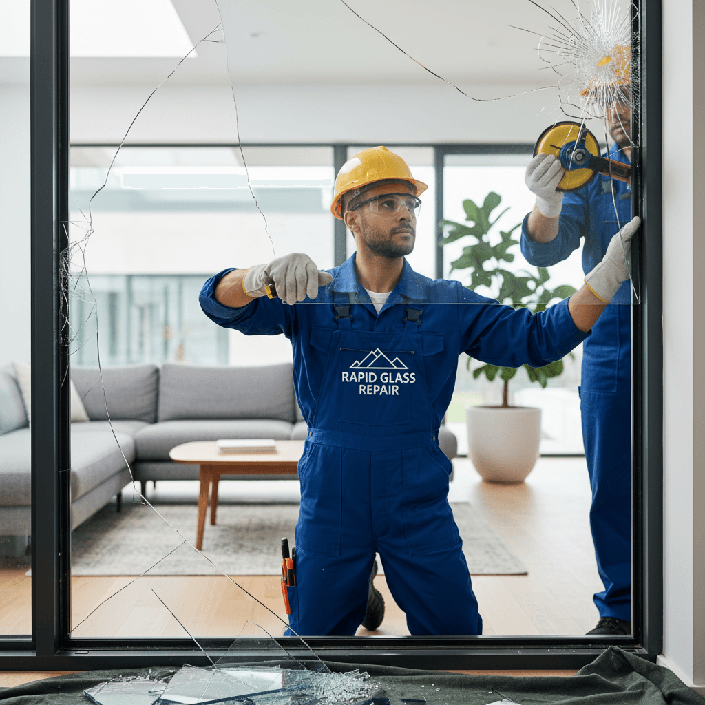 Technician repairing a broken window in a modern home, showcasing emergency repair service.